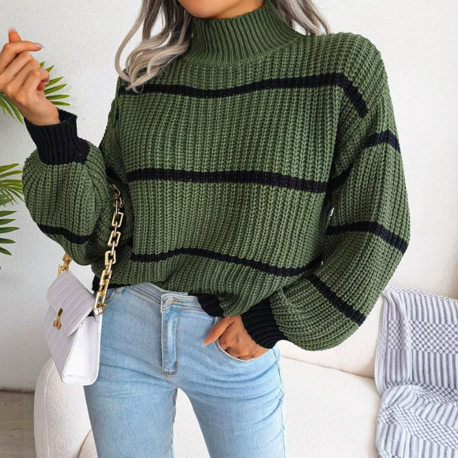 Damen Strickpullover Streifen – Weich, Warm & Stilvoll, Rollkragen, Herbst/Winter