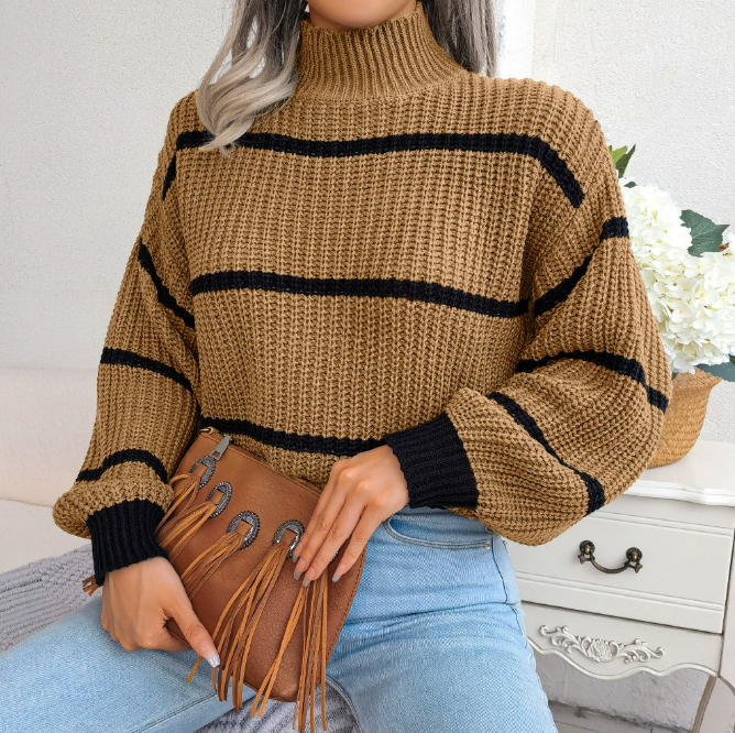 Damen Strickpullover Streifen – Weich, Warm & Stilvoll, Rollkragen, Herbst/Winter