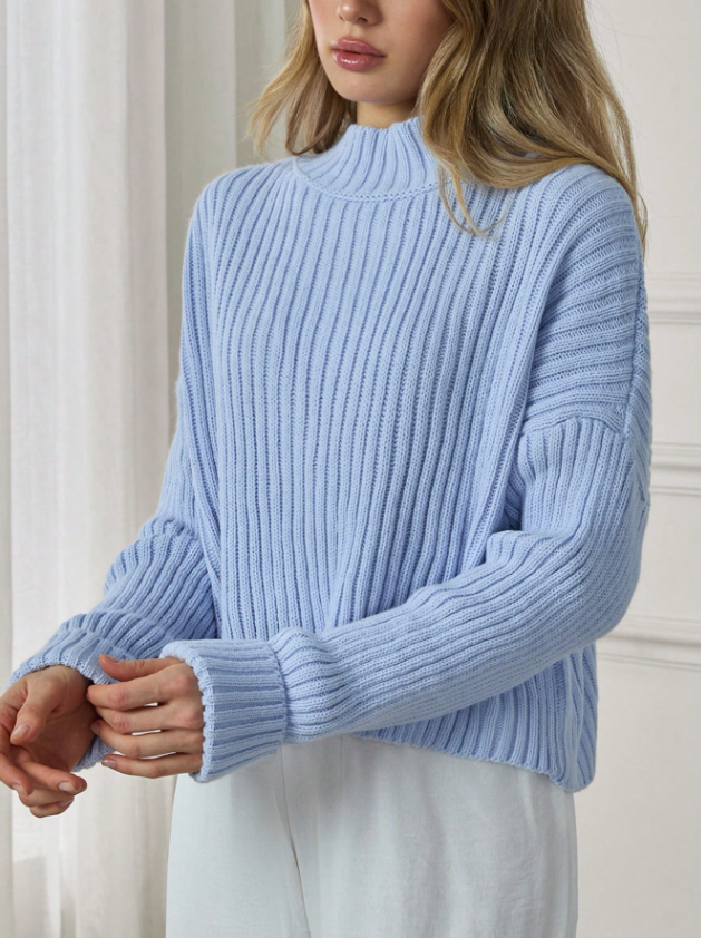 Damenpullover aus weichem Strick – Mittelhoher Kragen – Blau – Herbst/Winter